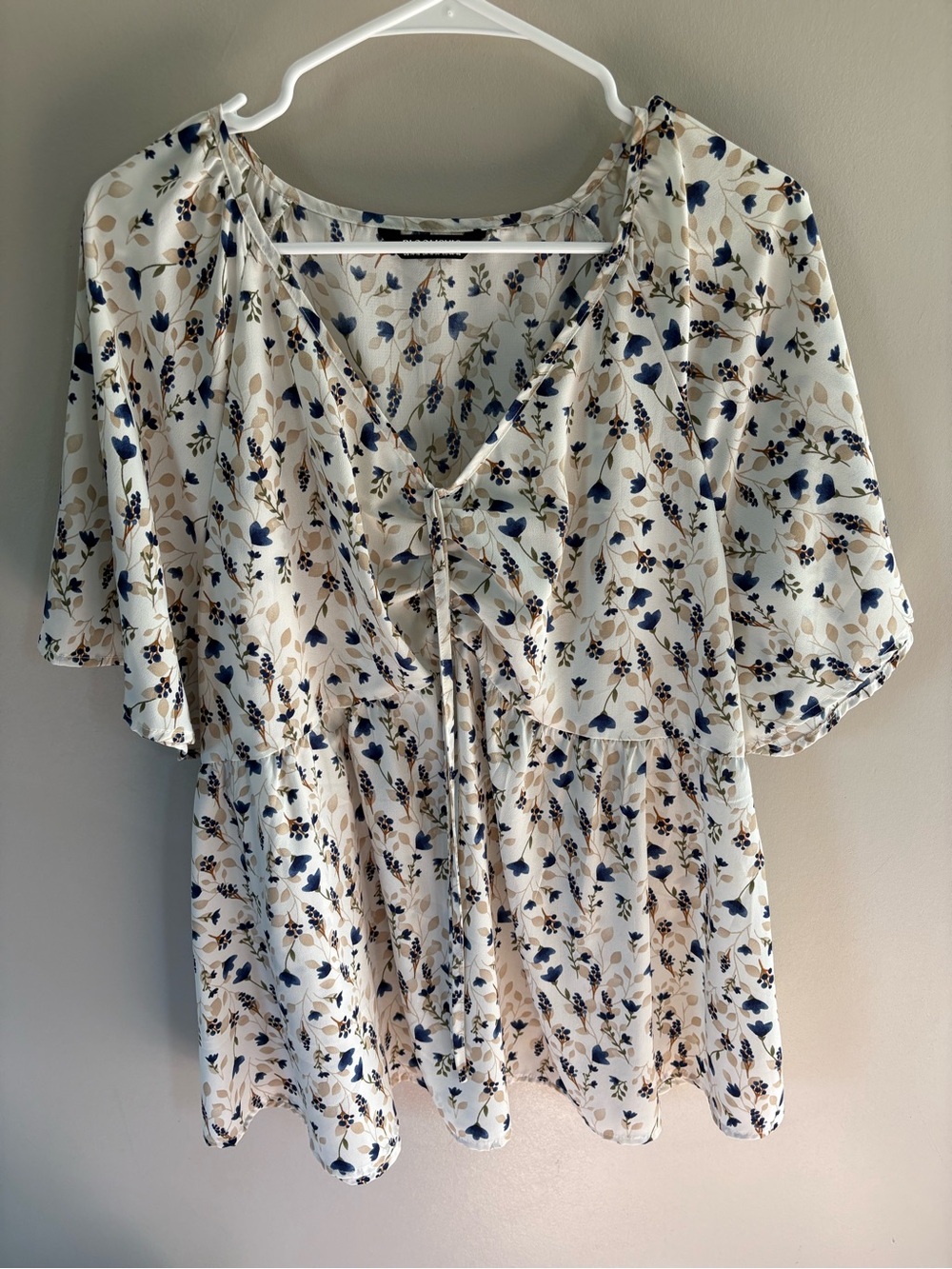 BloomChic Cream Peplum Blouse with Navy & Tan Floral Print